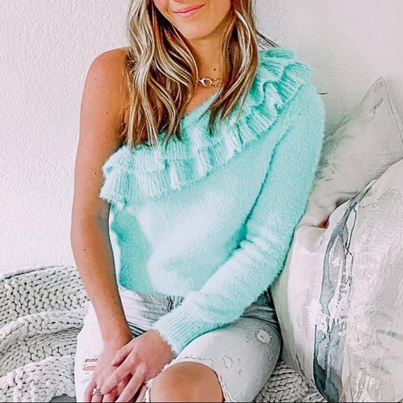 One Shoulder Blue Ruffle Sweater - Picture 3 of 3